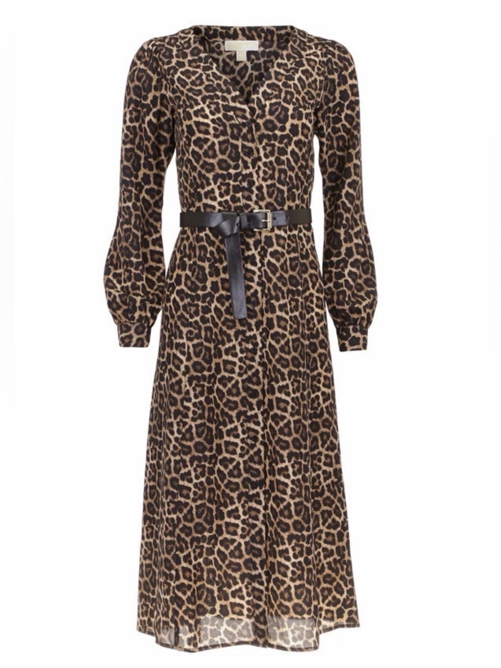 Micheal Kors Leopard Print V-Neck Long Sleeve Midi Dress - Brown/Black